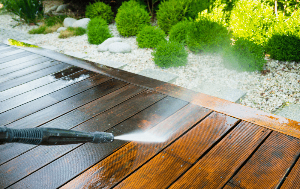 Pressure Washing a deck cleaning wooden deck